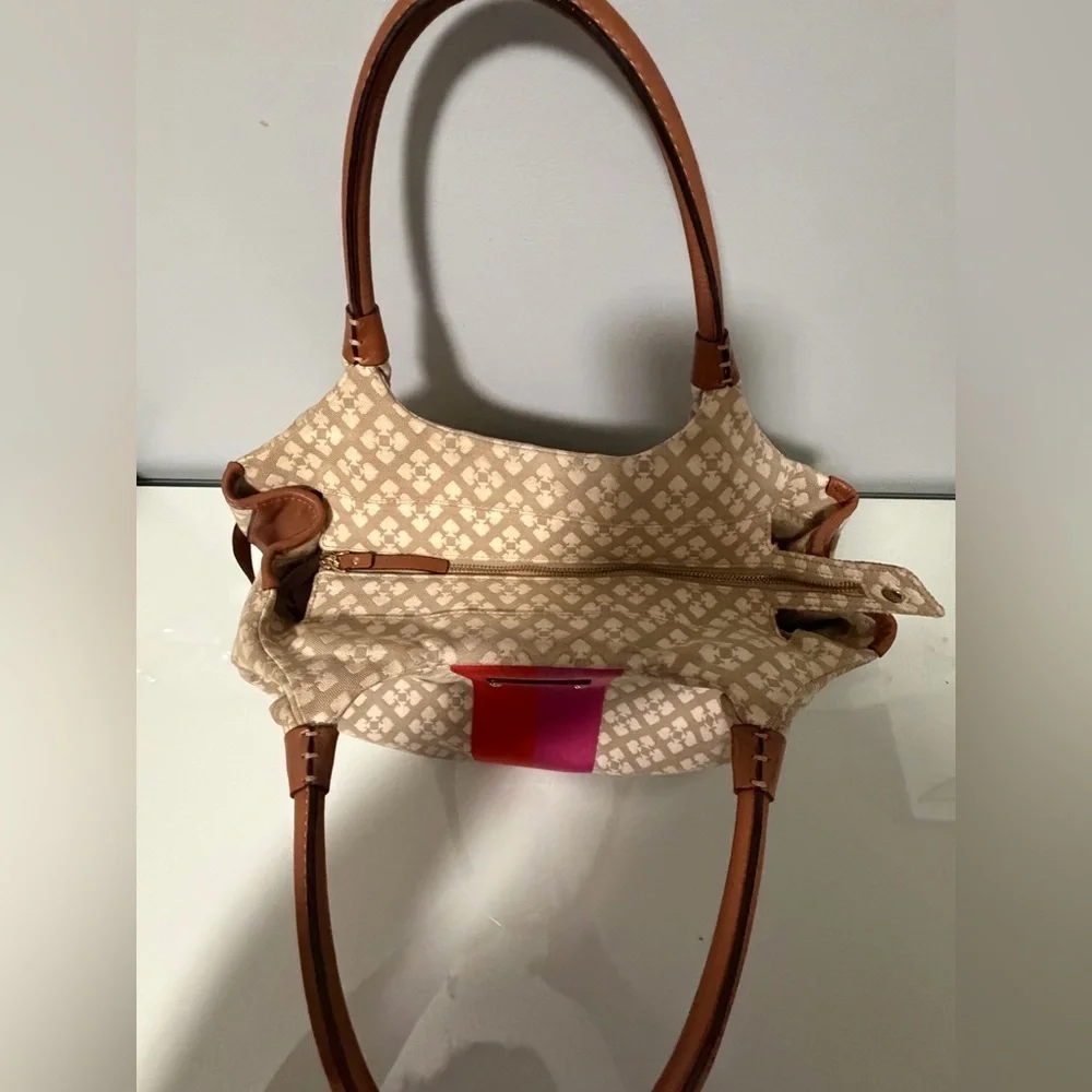 kate spade Beige Canvas Shoulder Bag with Red and Pink Stripe